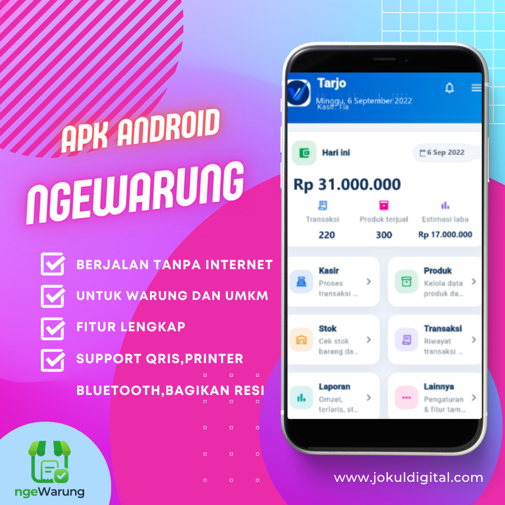 Aplikasi kasir HP Android ngeWarung seumur hidup (offline warung UMKM) produk digital